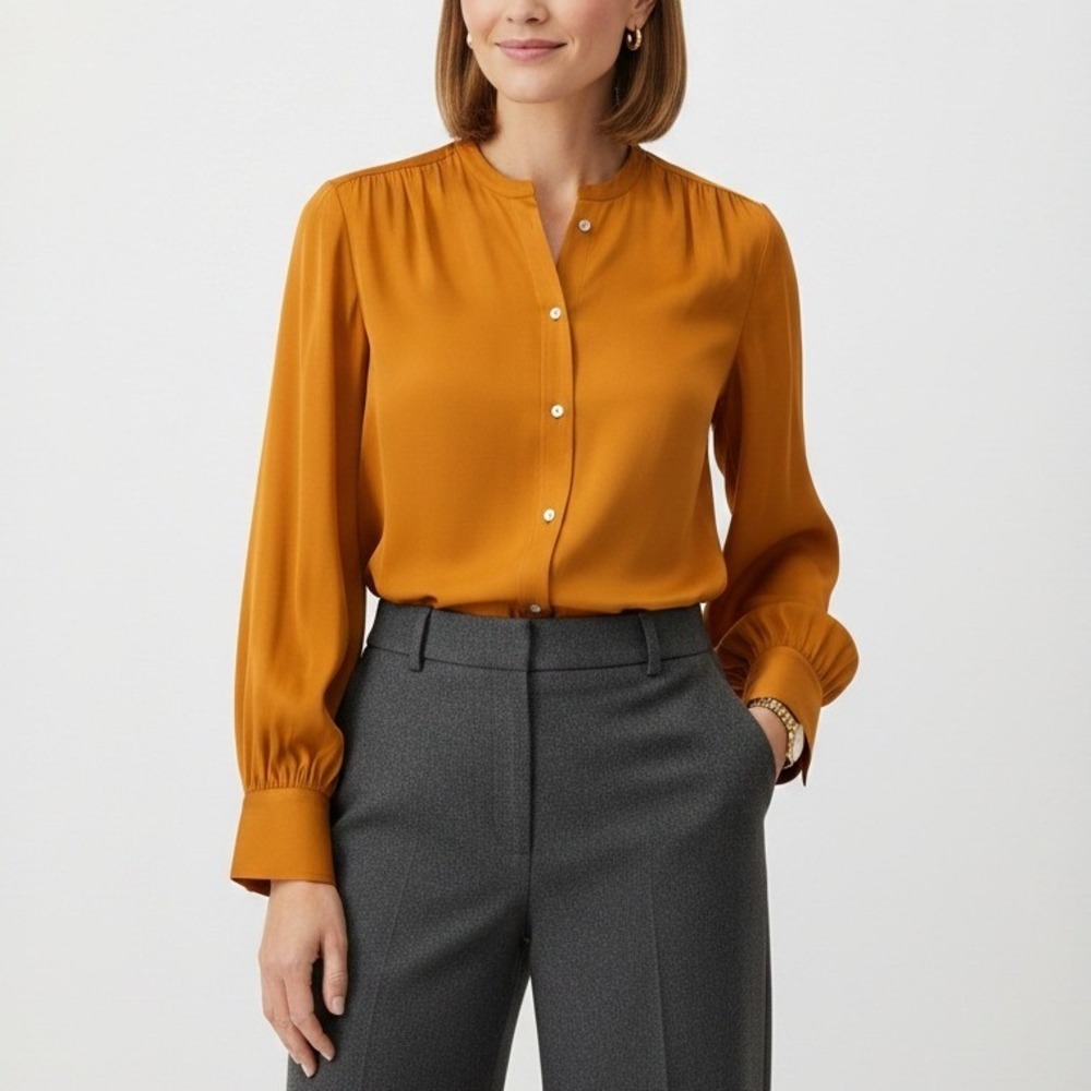 Vince Silk Stretch Band Collar‎ Button Front Blouse Burnt Orange Pumpkin Small
